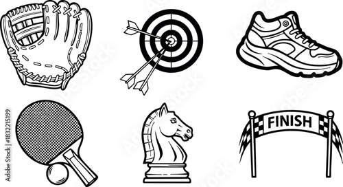 Monochrome line art icons of baseball glove, archery target, running shoe, ping pong paddle, chess knight, and race finish banner arranged in two rows on white background