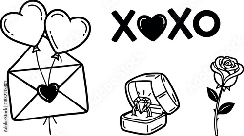 Hand drawn line art valentine icons with heart balloon envelope, xoxo lettering, diamond engagement ring box and single rose flower on clean white background