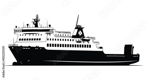 Detailed depiction of a large passenger ferry boat on calm waters striking silhouette