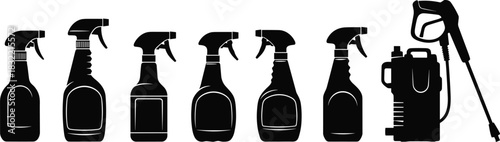 Silhouettes of spray bottles, pressure washer, cleaning tools, chemical containers, disinfectant equipment, hygiene supplies, sanitation gear, industrial sprayers, maintenance essentials