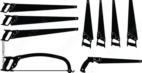 Silhouettes of hand saws, woodworking tools, construction equipment, vintage saw collection, carpentry blades, manual cutting tools, isolated black icons
