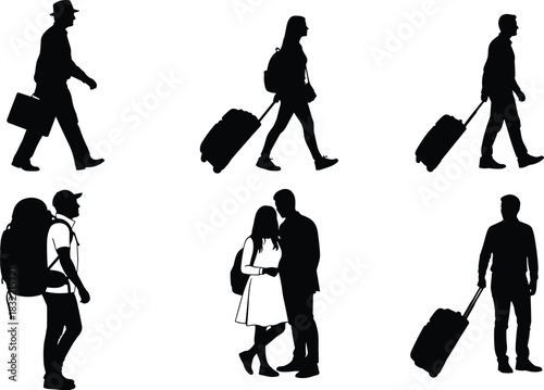 Travel silhouettes, business traveler, backpacker, couple journey, suitcase icons, tourism concept, airport people, vacation symbols, black figures, isolated illustrations
