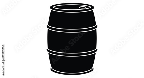 A simple black and white illustration of a cylindrical barrel with metal bands silhouette
