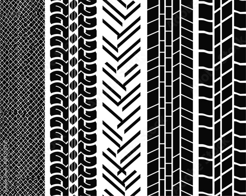 Tire tread pattern collection, rubber texture, automotive grip, wheel design, traction detail, vehicle safety, industrial mark, black imprint, transportation