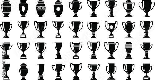 Trophy icon set, urn silhouette collection, award symbols, black vector trophies, sports prize graphics, competition icons, victory elements, design reference