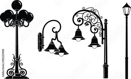 Vintage street lamps, ornamental lanterns, classic lighting fixtures, urban design elements, historical ambiance, wrought iron, decorative architecture, elegant outdoor lights, timeless style