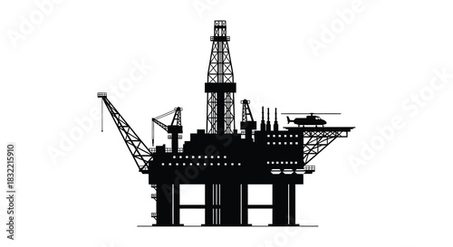 A dramatic black silhouette of an offshore oil rig with a helicopter overhead silhouette