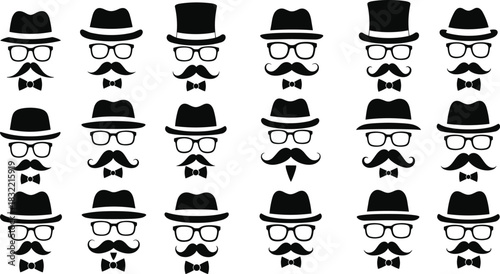 Vintage, gentleman, icon, pattern, silhouette, mustache, bowler, fedora, top hat, glasses, bow tie, retro, style, fashion, male, face, grid, black, white, design