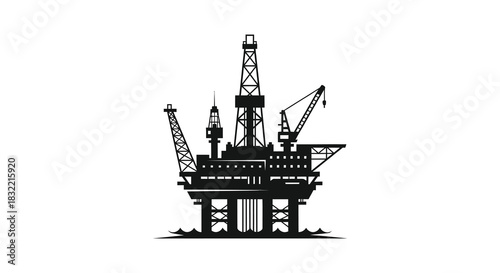 A stark illustration of an offshore oil rig structure depicted in a black silhouette