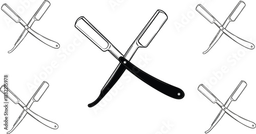 Vintage, straight, razors, crossed, black, white, symmetrical, grooming, barber, tools, traditional, shaving, craftsmanship, classic, blades, sharp, hygiene, masculine, retro, elegance