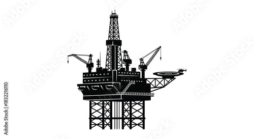 Detailed black and white view of an offshore oil and gas platform structure silhouette