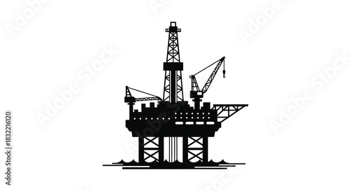 Detailed depiction of an oil rig structure against a white backdrop a striking silhouette