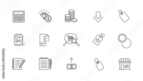 Calculator diamond coins download tag document checklist cart magnifier star sun shop money note pen, Vector illustration