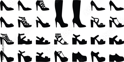 Women's high heel shoe silhouettes, fashion footwear collection, black icons, stylish pumps, sandals, boots, elegant design, retail catalog, trend