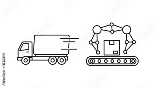 Delivery truck with robotic arm automation for package transport logistics and distribution process system, Vector illustration
