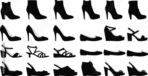 Women's shoe silhouettes, fashion footwear icons, black shoe collection, stylish heels, boots, sandals, flats, wedges, vector design, isolated set
