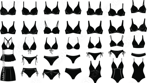 Women's lingerie, bikini tops, swimwear collection, fashion design, underwire bras, halter styles, triangle cuts, lace-up bottoms, stylish beachwear, catalog reference