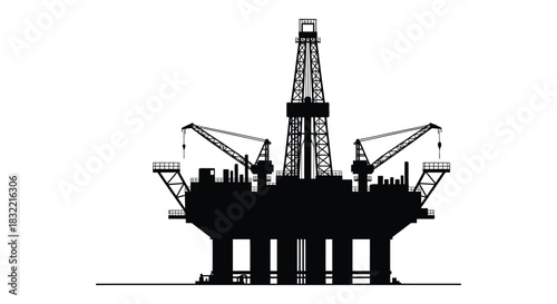 Detailed industrial oil rig structure against a white background a stark black silhouette