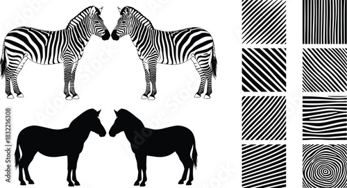 Zebra pattern comparison, horse silhouette contrast, abstract black white grid, visual perception, animal camouflage, optical illusion, nature design concept