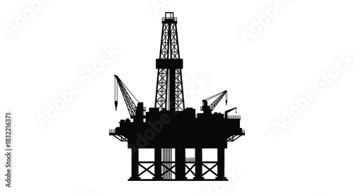 A stark detailed depiction of an offshore oil rig structure against a white background silhouette