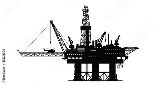 Detailed depiction of an offshore oil rig with a helicopter and crane a striking silhouette