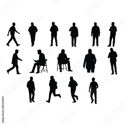 Silhouettes of people in various poses and activities captured in black