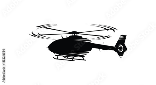 A dark striking image of a helicopter in flight displaying a bold silhouette