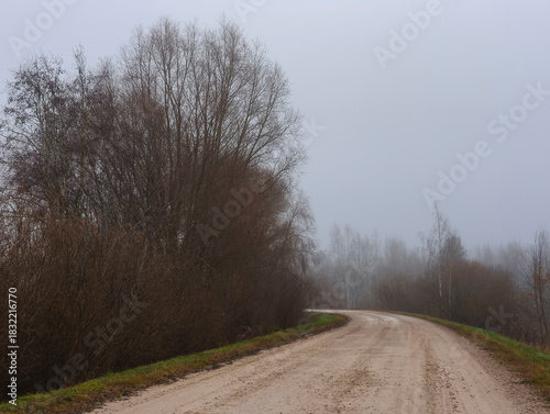 empty country road in snowless winter. Rural Latvian landscape in early December.