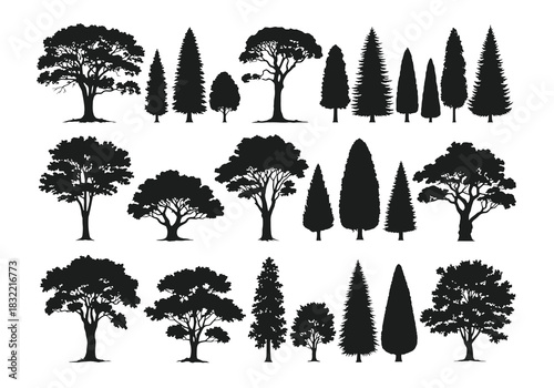 A collection of various black silhouette trees and foliage designs