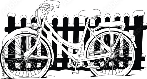 Detailed Bicycle Covered in Snow Outline Vector, Winter Transportation, Cold Weather, and Outdoor Scene Sketch