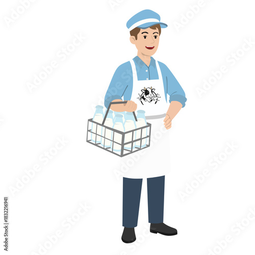 Smiling Milkman Delivering Bottles in Crate