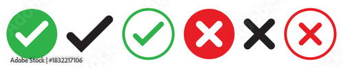 Set green approval check mark and red cross icons in circle and square, checklist signs, flat checkmark approval badge, isolated tick symbols