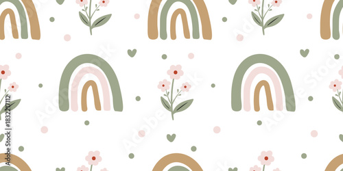 Clean seamless rainbow pattern with tiny florals in a modern boho style for kids and festive winter projects.