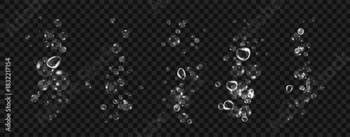 Clean water bubbles with soap foam effect and sparkle shine on transparent black background.