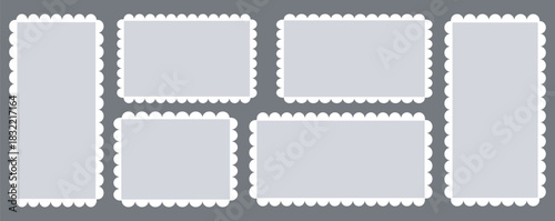 Postage stamp set. Mockup postage stamps with shadow. Blank postage stamp borders template collection. Realistic trendy post stamps set. vector