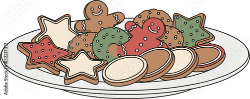 Colorful Christmas Cookies Plate Vector, Gingerbread Men, Star Shapes, and Holiday Dessert