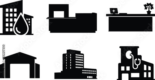 Collection of black and white building and medical related icons