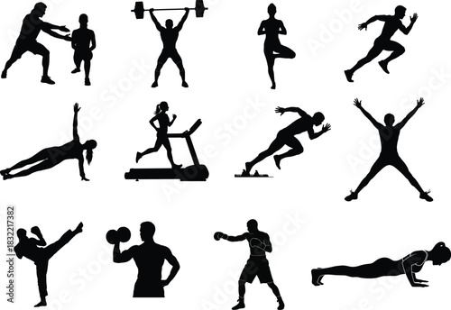 Silhouette collection of fitness activities and sports training on white background