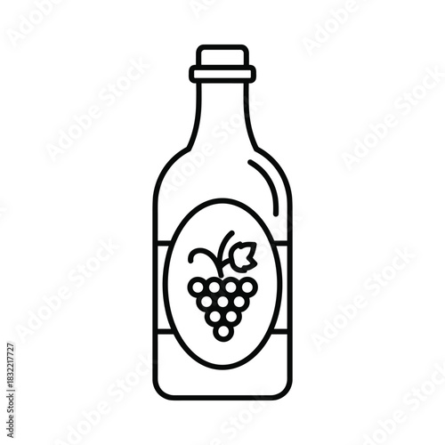 Simple line art icon of a wine bottle with grape cluster label