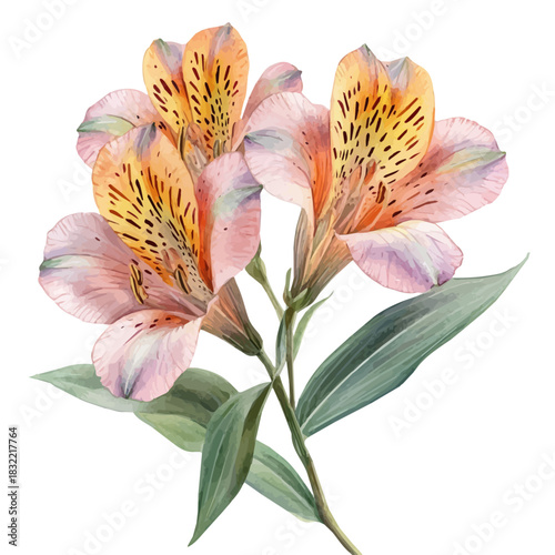 Alstroemeria Flower, illustration watercolor with dynamic strokes and balanced color harmony, isolated on a white background.