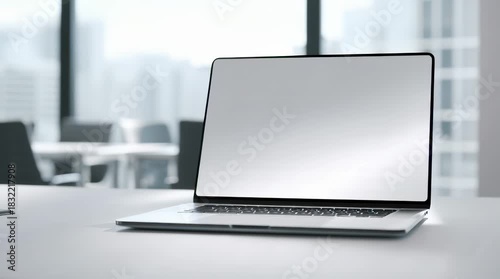 Laptop with blank screen on a white office desk