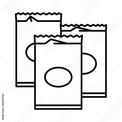 Three blank single serving packets or sachets with oval design element in a line art style