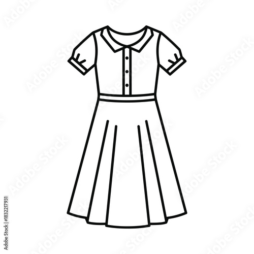 Simple line drawing of a classic short sleeve collared dress with a pleated skirt