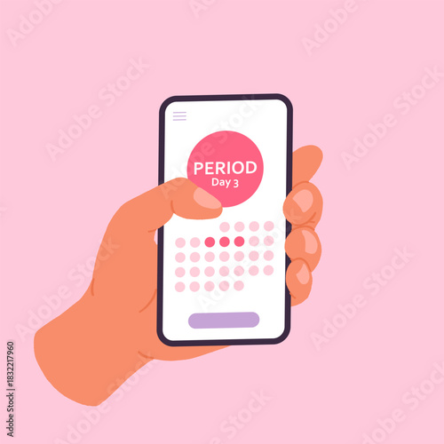 Female hand holding smartphone with period tracker app screen, menstrual cycle calendar, ovulation and menstruation monitoring, reproductive health mobile application, flat cartoon vector illustration
