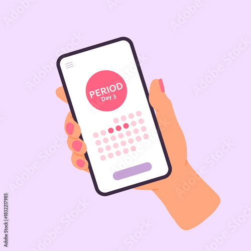 Female hand holding smartphone with period tracker app screen, menstrual cycle calendar, ovulation and menstruation monitoring, reproductive health mobile application, flat cartoon vector illustration
