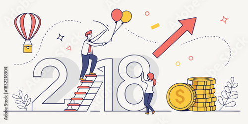 2018 New Year Prosperity Graphic – Bold Numerals with Balloons, Ladder, Coins, and Upward Arrow