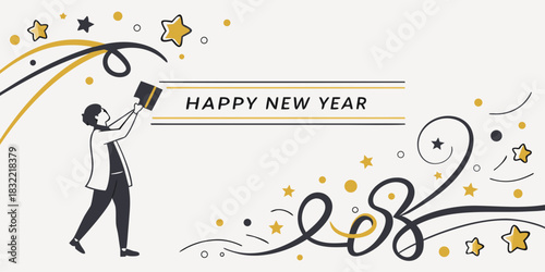 Happy New Year Celebration Graphic – Bold Typography with Top Hat Toss, Swirls, Stars, and Confetti