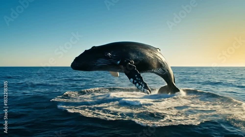Majestic marine mammal breaching ocean water with spectacular splash under bright blue sky