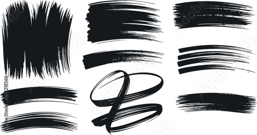 Collection of nine black ink brush stroke elements