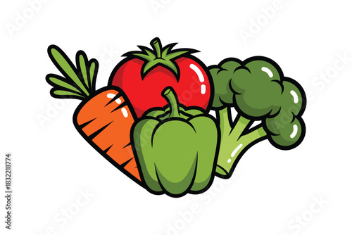 Healthy organic produce group carrot, tomato, pepper, broccoli isolated on white background, Vector